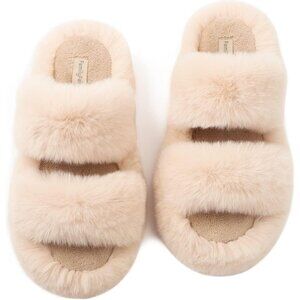 Women's Tan Fluffy Fleece Faux Fur Open Two Band Lining Rubber Sole Slippers